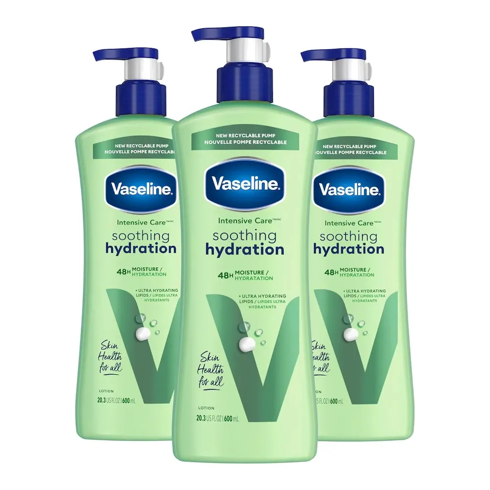 Vaseline Intensive Care Body Lotion for Dry Skin Soothing Hydration Lotion Made with Ultra-Hydrating Lipids + 1% Aloe Vera Extract to Refresh Dehydrated Skin 20.3 oz. Pack of 3 (packaging May Vary)