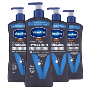 Vaseline Men Cooling Hydration 3-in-1 4 Pack for Dry Skin Face. Hands & Body Lotion for Men with Menthol & Ultra-Hydrating Lipids 20.3 oz