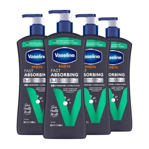 Vaseline Men Fast Absorbing 3-in-1 Face. Hands & Body Lotion for Men. 4 pack For Dry Skin.Absorbs in Just 15 Seconds for Moisturized Skin 20.3 Oz