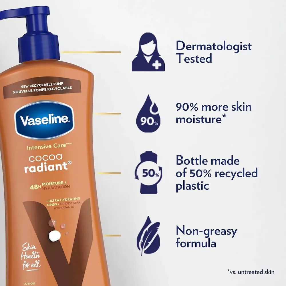Vaseline Intensive Care Body Lotion Cocoa Radiant 3 count for Dry Skin Lotion Made with Ultra-Hydrating Lipids and Pure Cocoa Butter for a Long-Lasting. Radiant Glow 20.3 Oz - Image 4