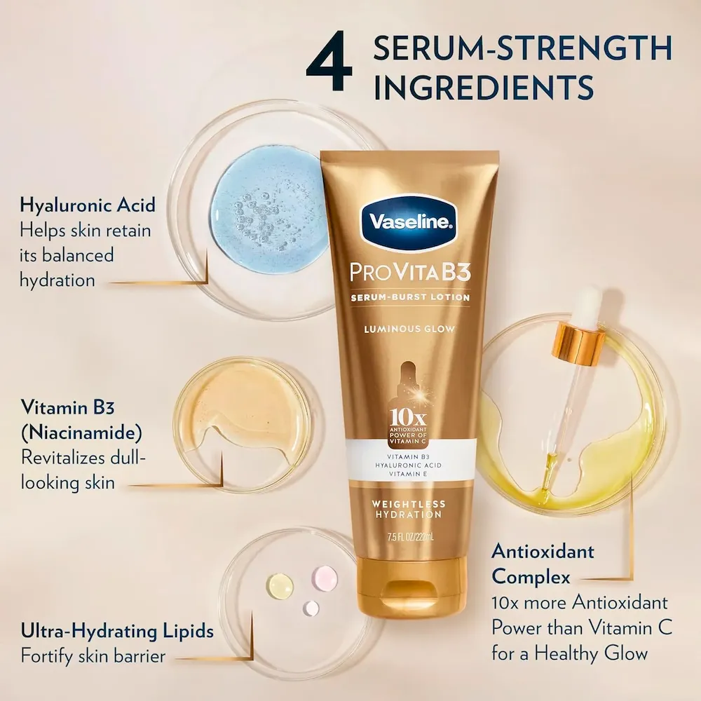 Vaseline Pro VitaB3 Serum Burst Lotion Luminous Glow Healthy. Glowing Skin. Lightweight 10x Antioxidant Power of Vitamin C with Vitamin B3. Hyaluronic Acid & Vitamin E. 7.5 Fl Oz - Image 4